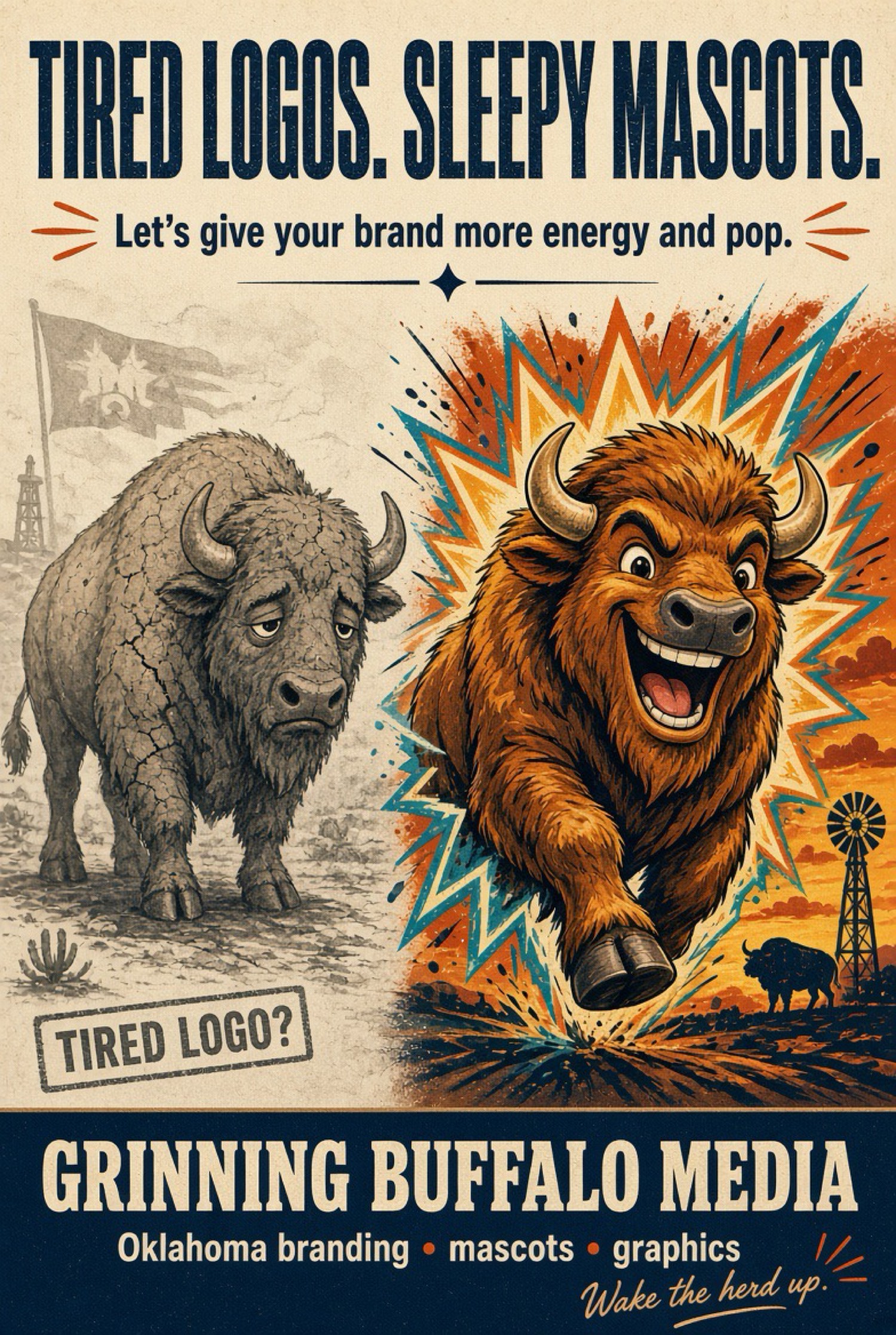 Poster. A tired gray buffalo stands in a pale field while a grinning brown buffalo charges out of an orange and teal burst. Grinning Buffalo Media, wake the herd up.